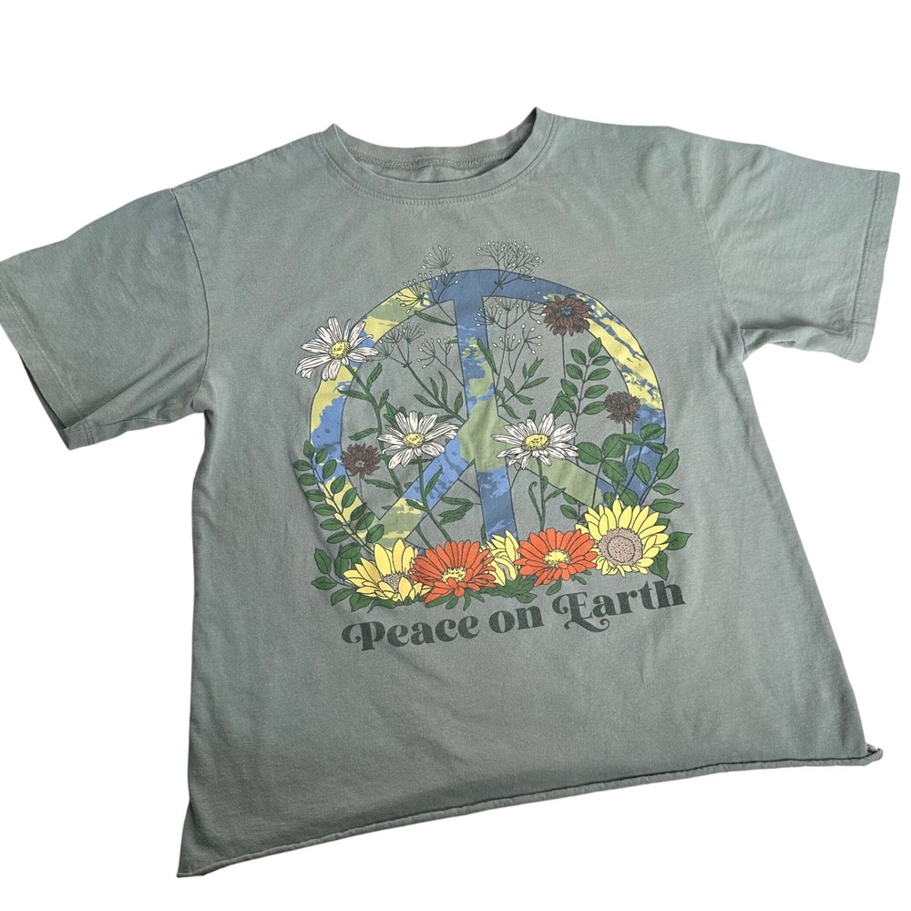 AWAKE Peace On Earth Floral Graphic T-Shirt XS Womens Sage‎ Green
